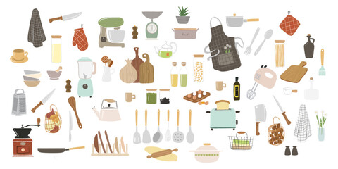Large set of decorative clips: kitchen items, utensils, dishes, kitchen utensils, culinary elements in the flat style, isolated on white. Hand-drawn graphics vector illustration.