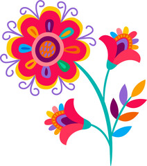 Cartoon mexican flower with colorful petals, buds