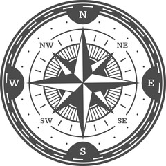 Antique navigation compass, marine journey symbol