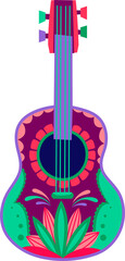 Mexican guitar with cactus flowers aztec ornament