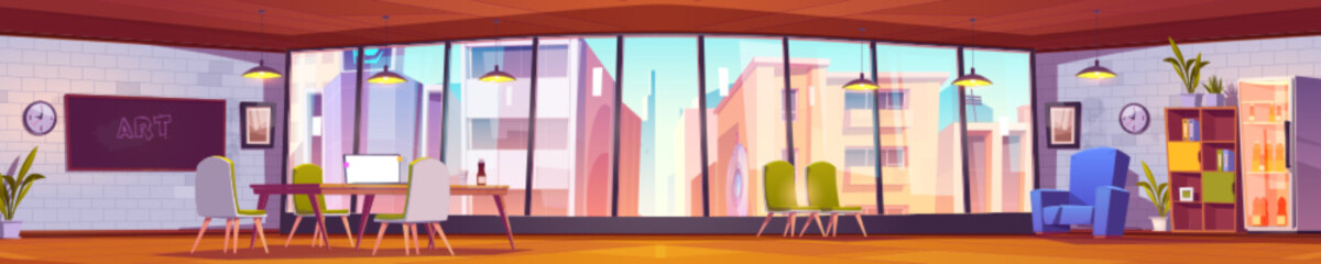 Obraz premium Modern open plan office, cartoon interior. Panoramic view of large workspace with glass wall, comfortable furniture for creativity. Urban cityscape with skyscrapers seen through window. Vector design