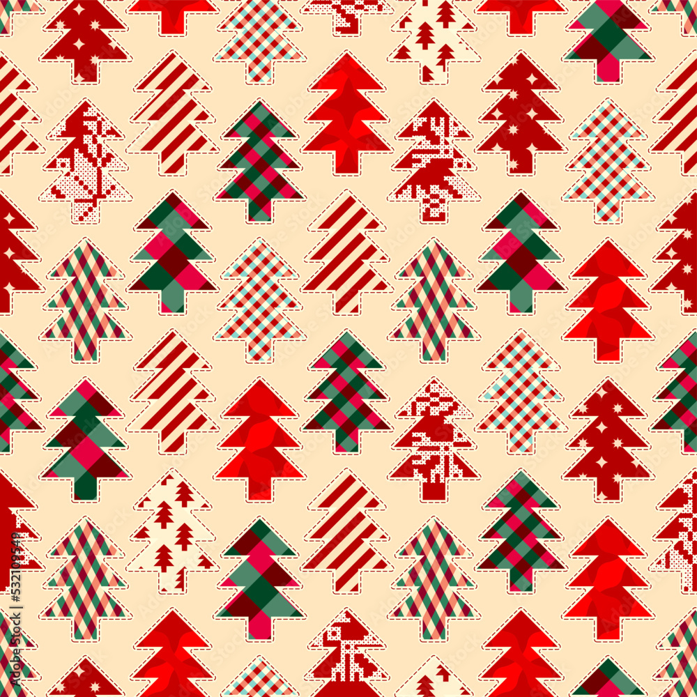 Poster Christmas tree Patchwork pattern. Vector image. Seamless quilting design background.