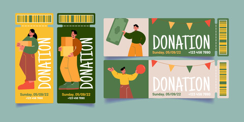 Tickets to donation event, volunteers charity promotion. People donate money, food and stuff to support projects of saving human lives, care and asistance, Line art flat vector promo coupon templates