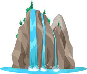 Isolated mountain waterfall, cartoon water cascade
