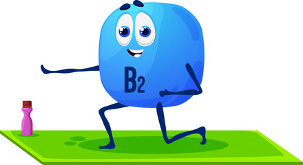 Cartoon cheerful vitamin B2 character on yoga