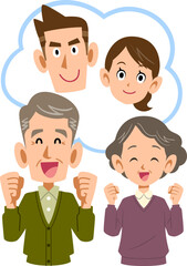 若い夫婦のことを思い浮かべるポジティブなシニアのカップル