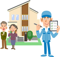 住宅の前に立つ老夫婦とチェックリストを見せる作業着の男性
