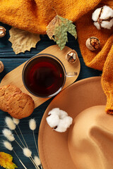 Concept of Hygge, warm and cozy composition, top view