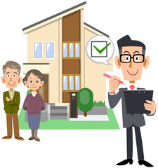 シニア夫婦とチェックマークを書類に記入するスーツ姿の男性と住宅  © haru_natsu_kobo