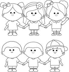 Group of children holding hands. Vector black and white coloring page.