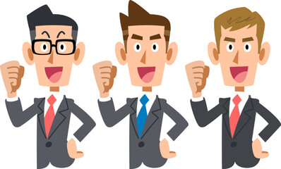モチベーションが高い3人のビジネスマンの上半身
