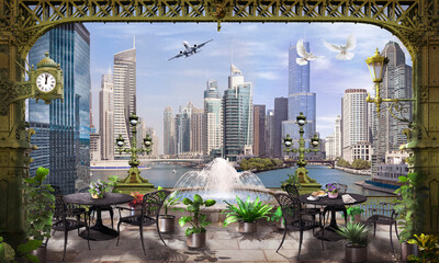 The center of New York with a street cafe by the fountain. Wallpaper on the wall. © ART-poster