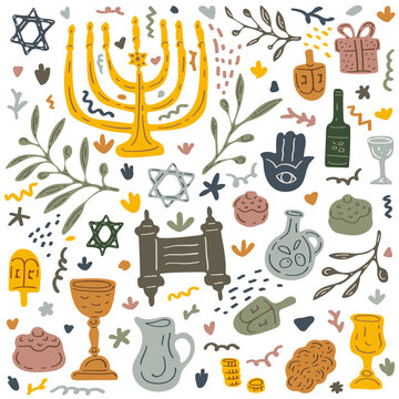 Hanukkah festive background. Traditional religious holiday symbols hand drawn illustration.