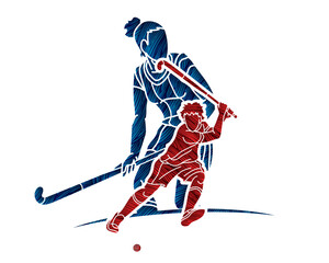 Group of Field Hockey Sport Male and Female Players Action Together Cartoon Graphic Vector