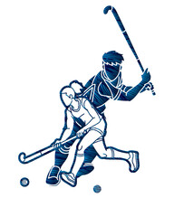 Obraz premium Group of Field Hockey Sport Male and Female Players Action Together Cartoon Graphic Vector