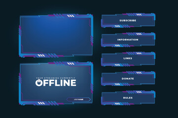 Simple gaming screen panel and overlay design with offline screen vector. Live streaming overlay and broadcast border design with blue color. Online user interface vector with abstract shapes.