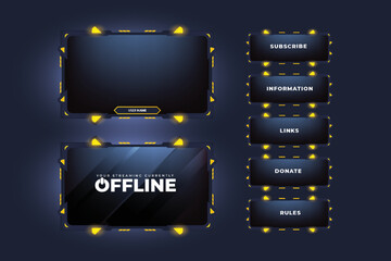 Live streaming overlay design for gamers with dark screen panels. Futuristic stream overlay design with digital buttons. Gaming screen overlay vector with abstract shapes and yellow color.