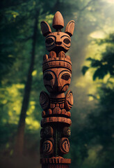 Sch&ouml;ner bemalter Totem aus Holz geschnitzt steht im Regenwald