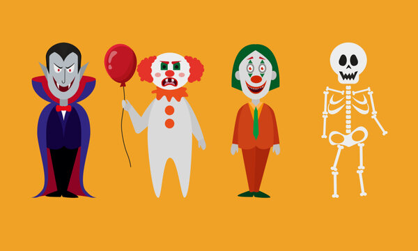 Characters on Halloween Joker Dracula Evil Clown and Skeleton