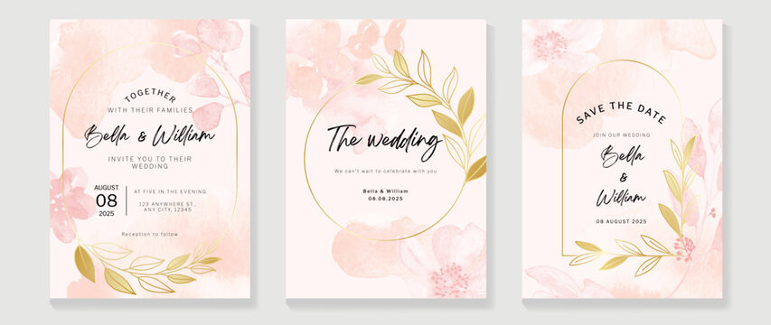Luxury botanical wedding invitation card template. Watercolor card with flowers, eucalyptus, leaf branch, foliage wreath. Elegant blossom vector design suitable for banner, cover, invitation.