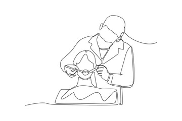 A simple line, depicting a woman checking the condition of her teeth to the dentist. Simple line, Simple continuous line.