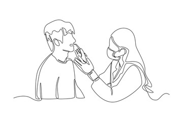 A female dentist is checking the dental health of a patient. Simple Continuous line. Simple Line