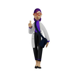 3D illustration. 3D Cartoon Female Doctor showing cute face with two fingers. wearing a sling bag on his waist. with a beautiful smile. 3D Cartoon Character