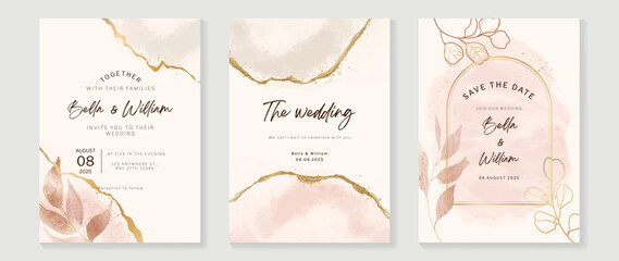 Fototapeta na wymiar Luxury botanical wedding invitation card template. Watercolor card with eucalyptus, leaf branch, foliage, rose gold color. Elegant blossom vector design suitable for banner, cover, invitation.