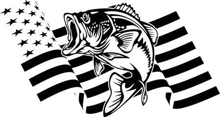 Bass Fish Usa Flag Distressed - obrazy, fototapety, plakaty