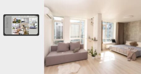 mobile phone with apps on smart home in modern dining room