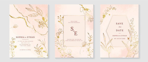 Luxury botanical wedding invitation card template. Watercolor card with eucalyptus, leaf branch, foliage, rose gold color, frame. Elegant blossom vector design suitable for banner, cover, invitation.