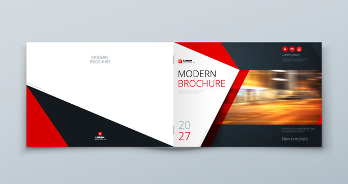 Horizontal Brochure template layout design. Corporate business annual report, catalog, magazine mockup. Layout with modern red elements and photo. Creative poster, booklet, flyer or banner concept