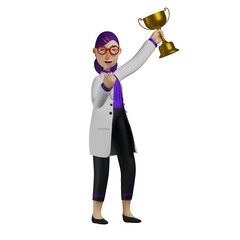 3D illustration. 3D Female Doctor Cartoon Character lifting trophy with proud face. one hand clenched. show victory. 3D Cartoon Character