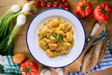 Chicken curry cooked with cream. Typical Indian recipe.