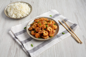Homemade Crispy Salt and Pepper Shrimp with White Rice, side view.