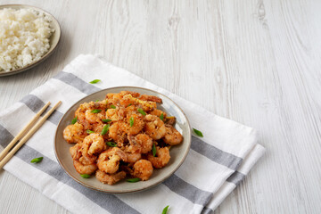 Homemade Crispy Salt and Pepper Shrimp with Scallions on a Plate, side view. Copy space.