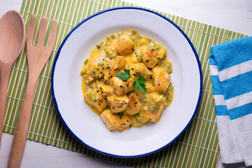 Chicken curry cooked with cream. Typical Indian recipe.