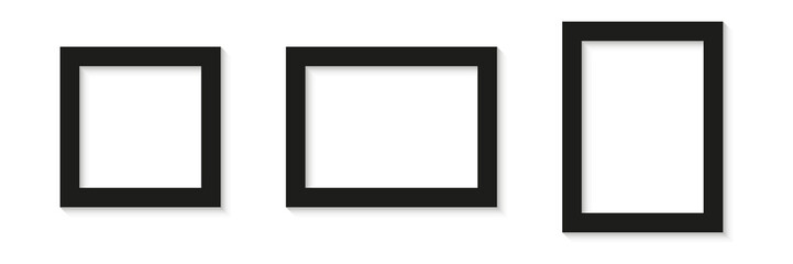 Black empty photo or picture frames with shades isolated on white background. Vector illustration. Wall decor. Rectangle and square vertical and horizontal photo frame
