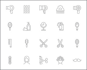 Simple Set of hair Related Vector Line Icons. 
Vector collection of beauty and hairstyle symbols or logo elements in thin outline.