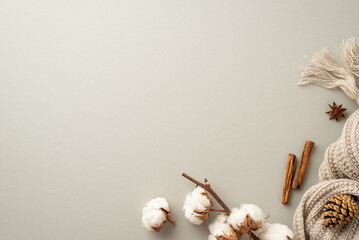 Winter season concept. Top view photo of knitted scarf anise cinnamon sticks pine cone and cotton...