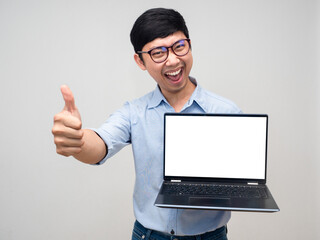 Young asian businessman happy emotion hold laptop white screen show thumb up for success isolated