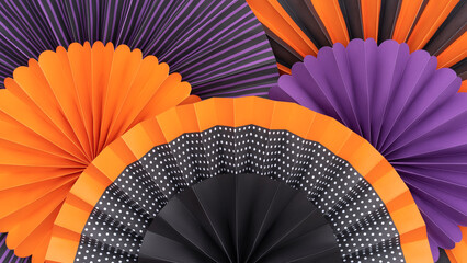 Colorful Circle shape folding paper fan background. Layered background of multi-colored paper fans. Orange, black and purple colors decorated paper fan.