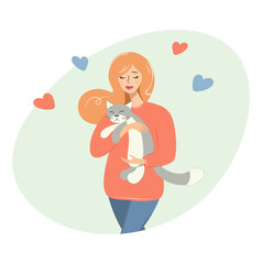 Woman with a cat. Young girl holding and hugging gray kitten, cozy relaxing friendship of girl and domestic animal in flat design vector illustration isolated on white background.