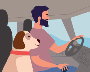 man driving car with dog