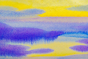 Pastel violet, purple, yellow, blue abstract background texture. Copy space for banner, design, poster, backdrop. High resolution colorful watercolor texture background. Hand painted texture.