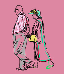 Vector illustration of a couple of elderly man and woman, street style, isolated background - 532115700