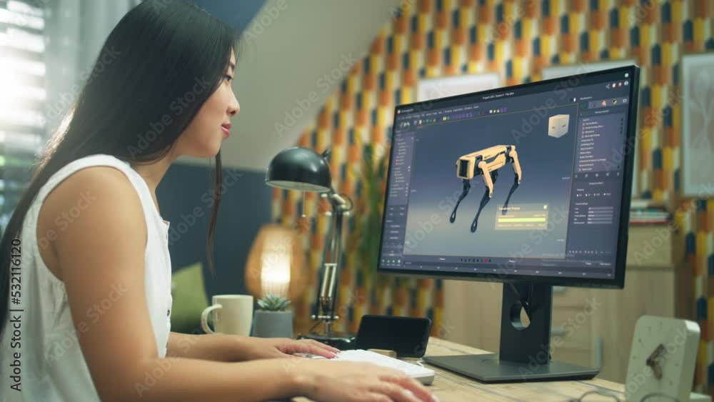 Poster asian woman working on pc in 3d modeling program remotely from home office and creating 3d prototype