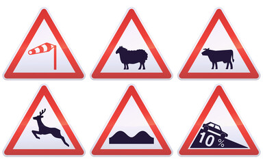 Obraz premium Collection of white, black and red triangular road hazard signs such as crosswinds, animal crossings such as deer, sheep, cattle, 10% downhill and crooked pavement (metal reflection)