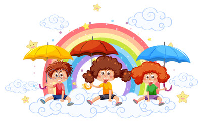 Children sitting on cloud with rainbow