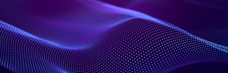 Particle stream. Purple background with many glowing particles. Information technology background. 3d rendering.